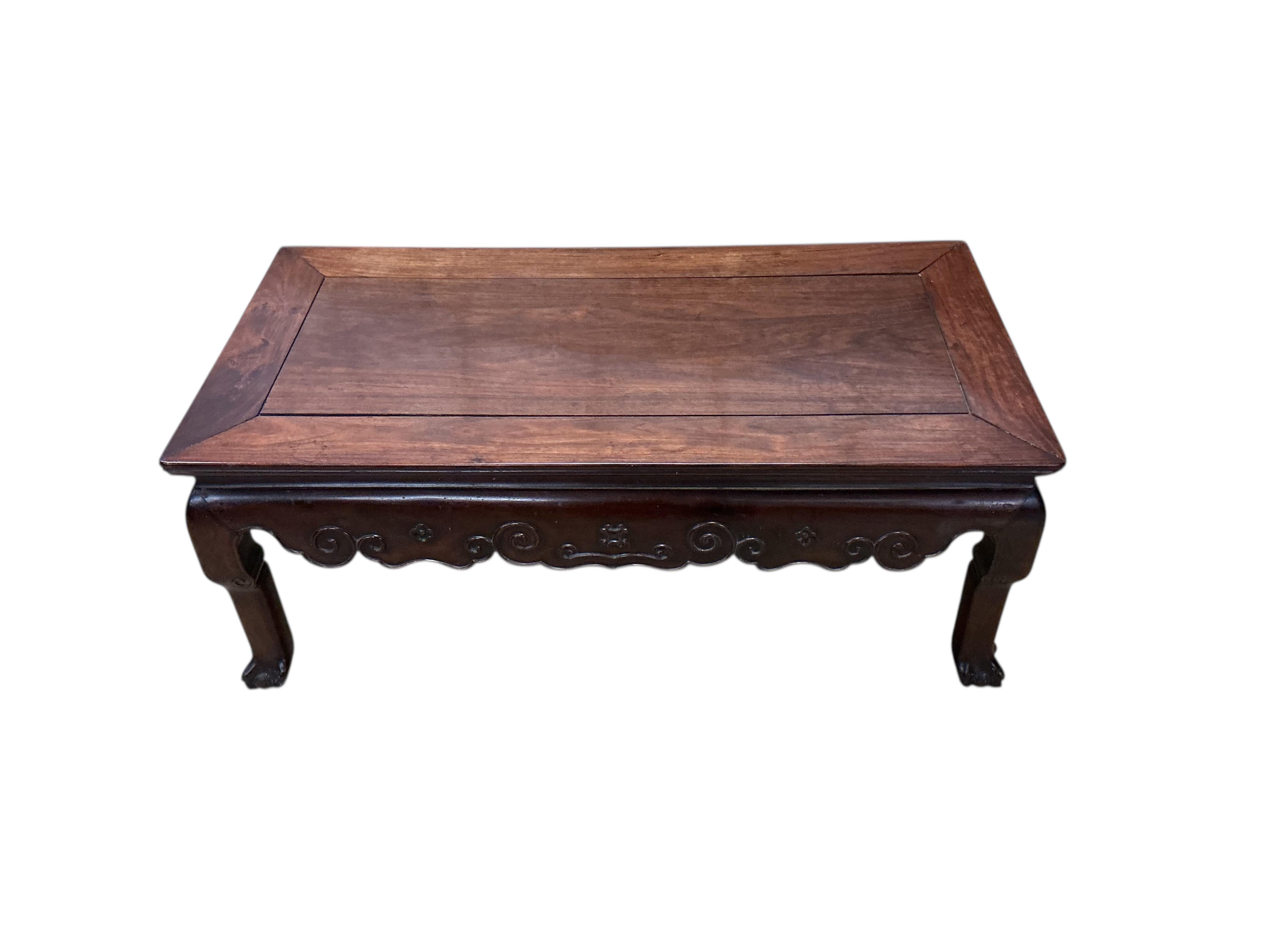 A late 19th century Chinese rectangular hongmu low table, width 96cm, depth 48cm, height 39cm